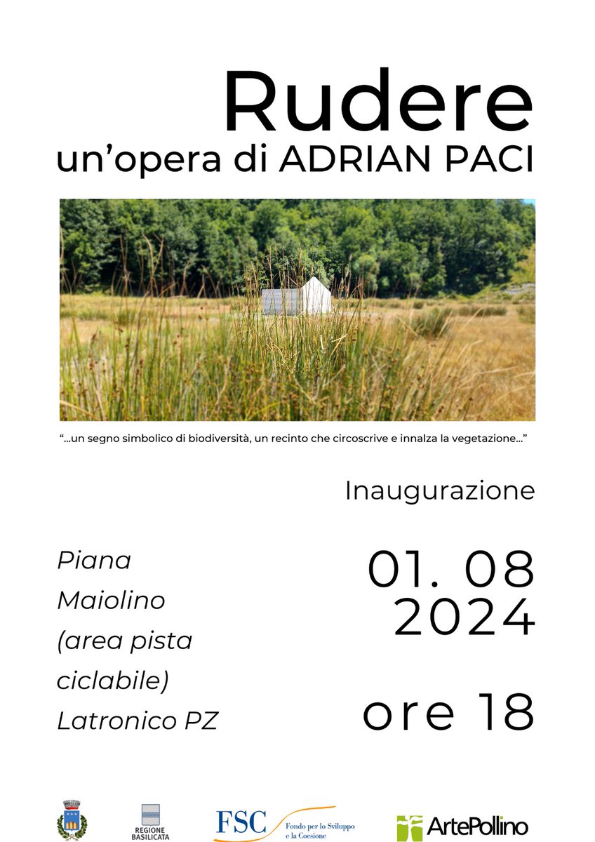 Continua il dialogo tra #arte e #natura attraverso una nuova installazione permanente. "Rudere" è il titolo dell'opera dell'artista Adrian Paci che sarà inaugurata a Latronico il 1°agosto alle ore 18.

L'opera è stata realizzata nell'ambito del progetto arte@parte.
<a href="/regbasilicata/">Regione Basilicata</a>