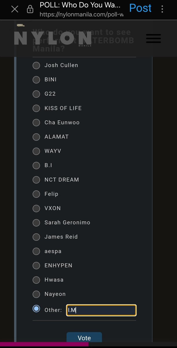 Do you want to see Changkyun on the <a href="/Waterbomb_PH/">Waterbomb Manila Official</a> stage? Then participate in this poll 💦🔫
-Select Other 
-Type in I.M
-Then cast your vote

Refresh to vote as many times. Baka marinig nila tayo kaya dont miss this chance mbbs!

nylonmanila.com/poll-waterbomb…
@IMxSMEK @OfficialMonstaX