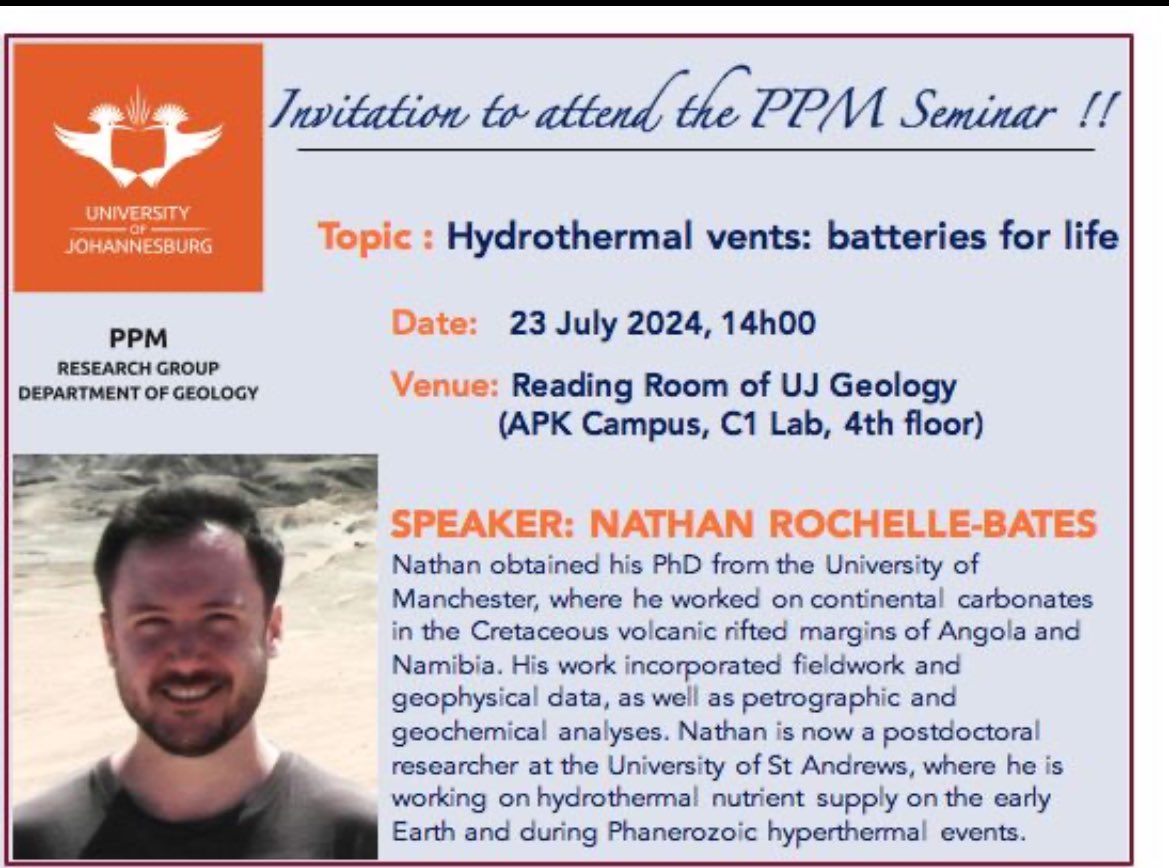 Join us tomorrow for a PPM Seminar (23 July 2024) starting at 14:00 and scheduled to take place in the Reading Room of UJ Geology (APK Campus, C1Lab Building, 4th floor).

Our speaker is Dr. Nathan Rochelle-Bates, a postdoctoral researcher from the University of St. Andrews.