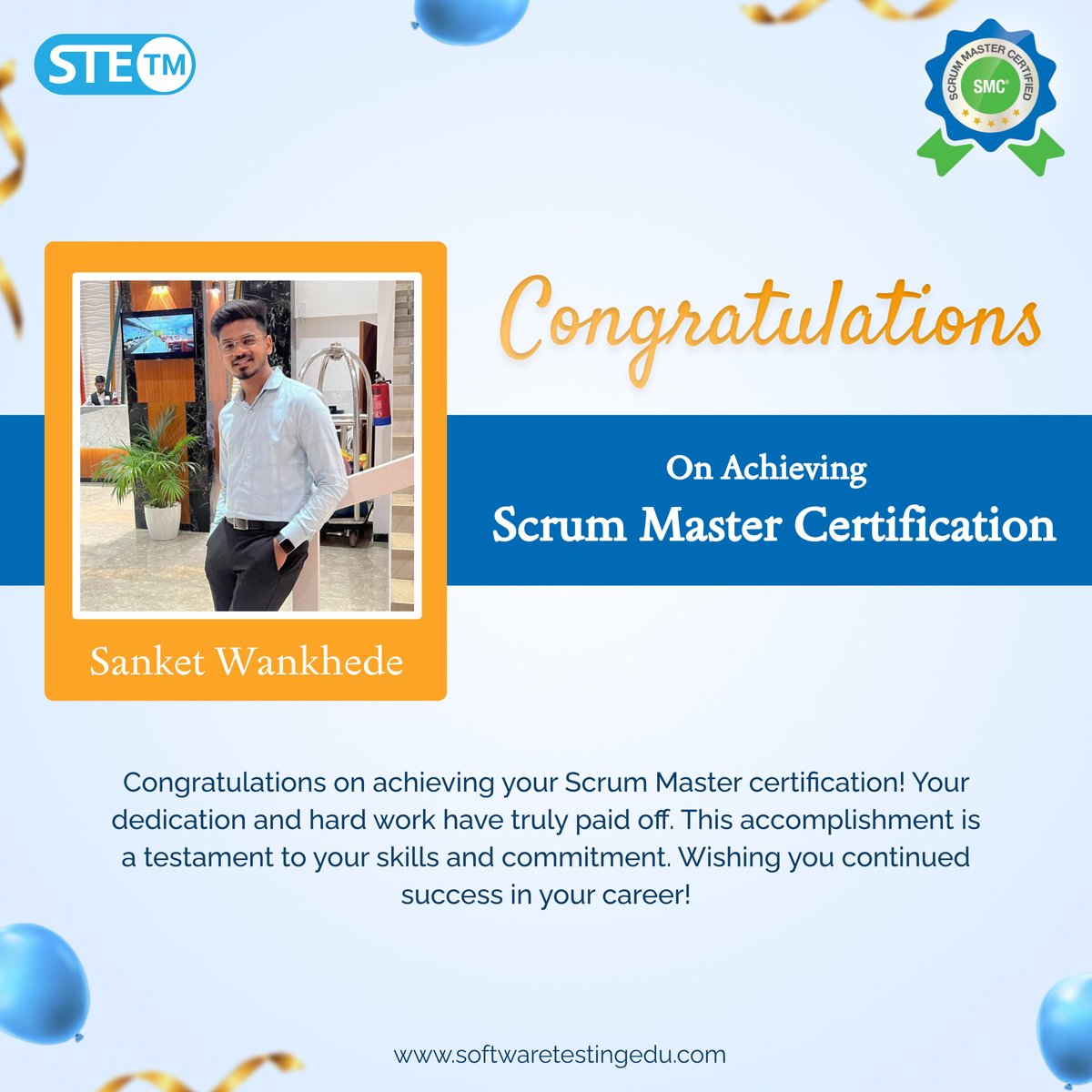 testing_edu's tweet image. 🌟Congratulations, Sanket Wankhede, on earning your Scrum Master Certification! Your dedication and achievement are truly commendable.
Wishing you continued success in your Agile journey🌟
#ScrumMastercertification #AgileCertification #SuccessStory #FirstAttempt #STE #indore