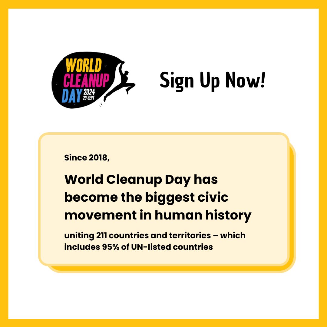 Less than 2 months before World Cleanup Day! Join the LARGEST civic action movement in history and organise your cleanup on or around 20th September. 
👉 for individuals or community groups: buff.ly/45cLgnF 
👉 for organisations: buff.ly/3W9SOn3 
Let's do it! ✊