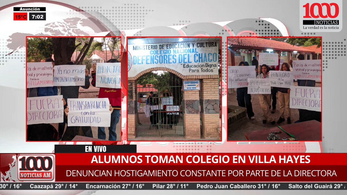 1000_am's tweet photo. VILLA HAYES: "LA DIRECTORA NO ESTÁ CAPACITADA" |🤚🏻🏫

🗣Toma del Colegio Defensores del Chaco por parte de alumnos. Denuncian que la directora de la institución, Prof. Norma Aguilera, ocupa el cargo solo por cupo político.

#1000NoticiasAM #1000am📻🎙
Canal 27📺 @TigoStarPY https://t.co/101P4G7fFN