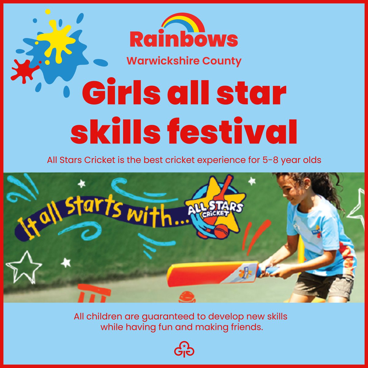 Warwickshire women’s county cricket are putting on an amazing fun day for Rainbows 🏏🌈

Saturday 21st September
10am – 3pm
Kenilworth Wardens Cricket Club
£5 per Rainbow

Apply for a place here tinyurl.com/ycxas95s

Any questions email Tracey Nicholls rainbow@ggw.org.uk