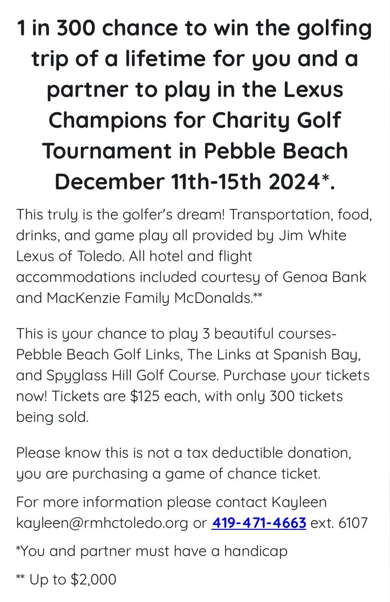 Anthony Bellino (@acbellino) on Twitter photo Did you know you can WIN the golf trip of a lifetime to play Pebble Beach, Spyglass, AND Spanish Bay?! An ALL-INCLUSIVE TRIP?! Support the <a href="/RMHC/">Ronald McDonald House Charities</a> by purchasing 1 ticket for just $125. Flights, meals, hotels, ALL-INCLUSIVE
e.givesmart.com/events/Cg6/i/_… Did you know you can WIN the golf trip of a lifetime to play Pebble Beach, Spyglass, AND Spanish Bay?! An ALL-INCLUSIVE TRIP?! Support the <a href="/RMHC/">Ronald McDonald House Charities</a> by purchasing 1 ticket for just $125. Flights, meals, hotels, ALL-INCLUSIVE
e.givesmart.com/events/Cg6/i/_…