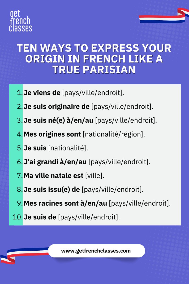 gfclasses's tweet photo. 🌍🇫🇷 Ten Ways to Express Your Origin in French Like a True Parisian

#LearnFrench #Parisian #FrenchLanguage #FrenchTips #FrenchCulture https://t.co/HKATXY5Wd5