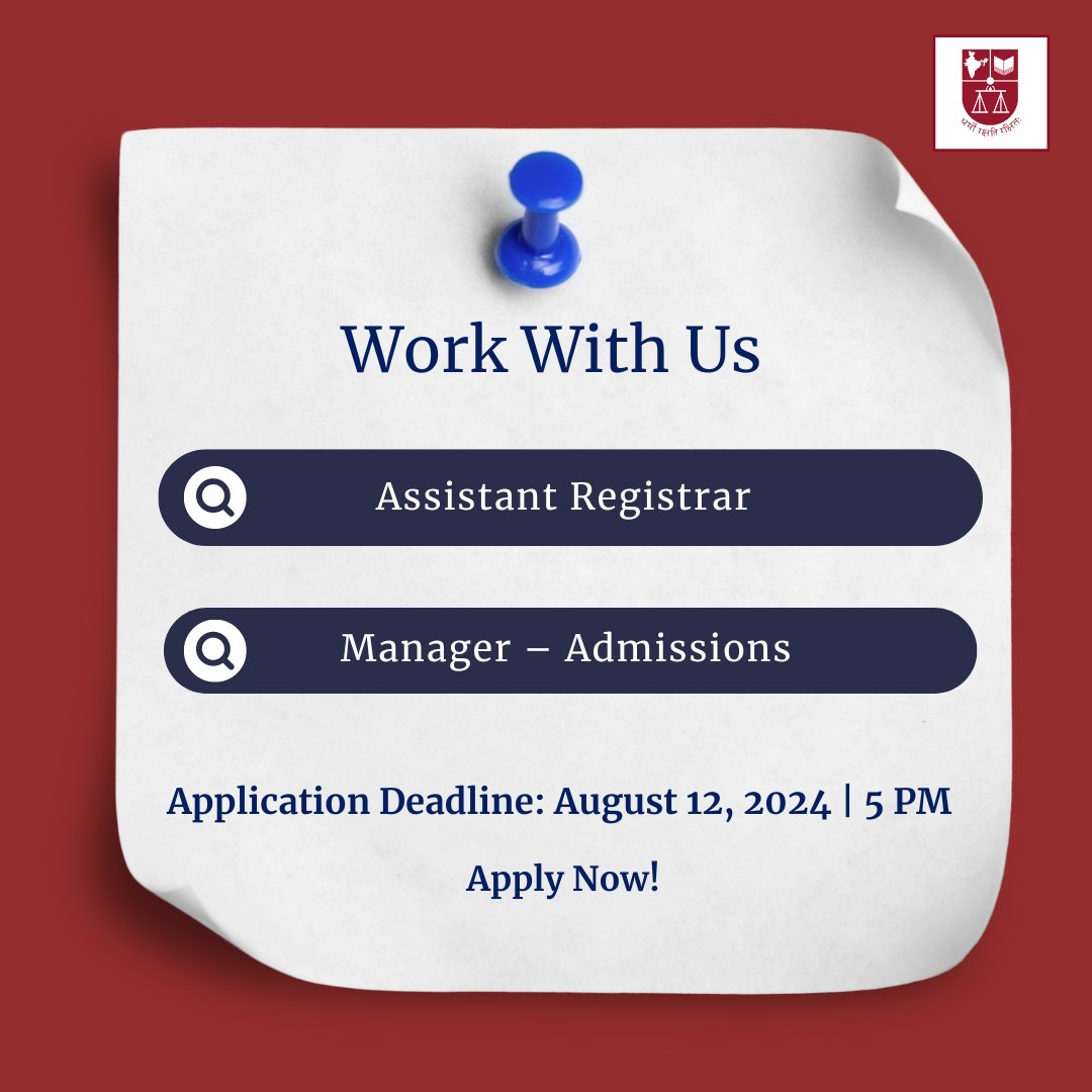 NLSIU is inviting applications for the following full-time positions, based out of the NLS campus in Bangalore. 

- Assistant Registrar
- Manager – Admissions

Application Deadline: August 12, 2024 | 5 PM

To know more and apply, visit: nls.ac.in/news-and-event…