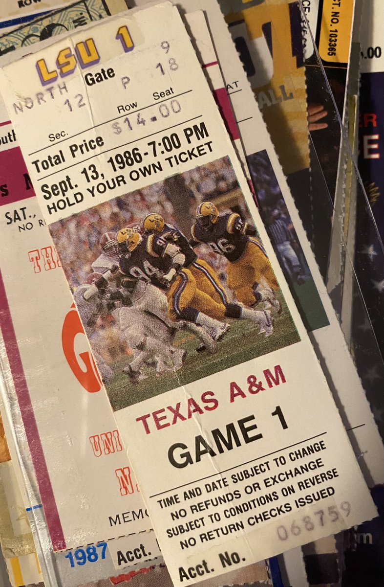 1986 LSU-Texas A&amp;M. Tigers defeat the #7 Aggies 35-17 behind 9 catches for 132 yds from Wendell Davis. My first LSU game! #tickettuesday