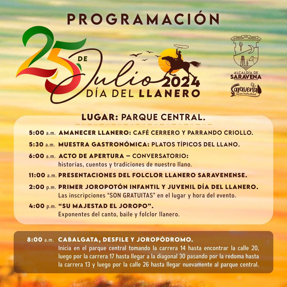 #25dejulio📷📷📷 || Llegó la hora de alistar las alpargatas y el sombrero para celebrar juntos el #GranDiaDelLlanero.
Conoce aquí toda la programación que tenemos preparada para conmemorar el Día Departamental del Llanero y Día Nacional de la Cultura, Tradición e Identidad Llaner