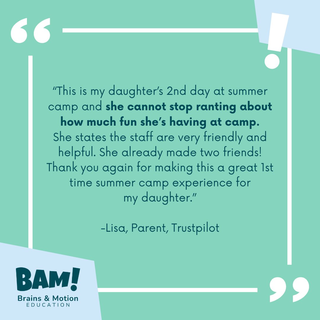 BrainsMotionEdu's tweet photo. That's what we LOVE to hear, Lisa! Thanks for the wonderful shoutout 📣 See what other parents are saying about BAM! at https://t.co/DWQcWip113 

Camps run through early August at select locations nationwide! See what's available near you: https://t.co/VeS9VDcY1j https://t.co/iT2xssqs3D