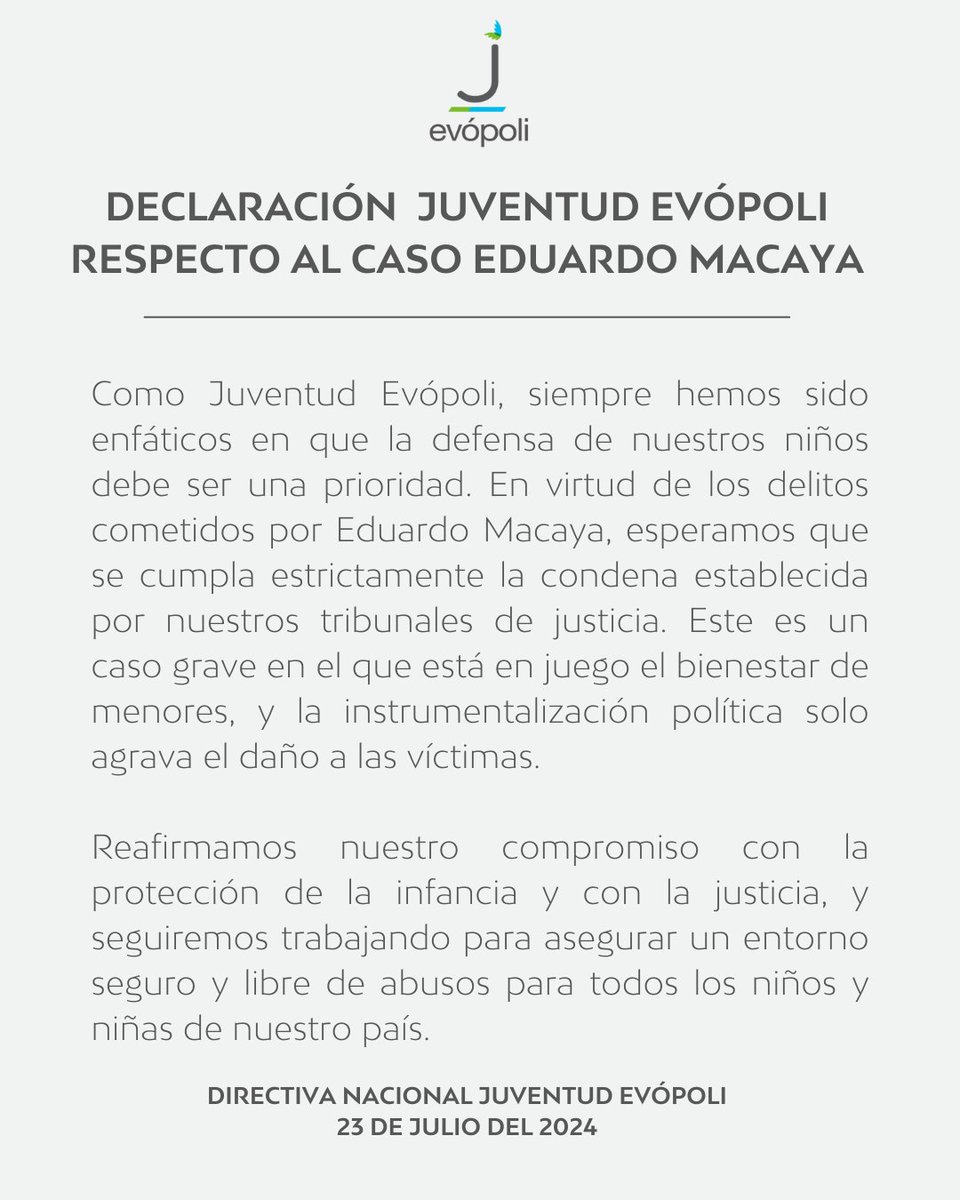 📌Declaración Juventud Evópoli, respecto al caso de Eduardo Macaya.