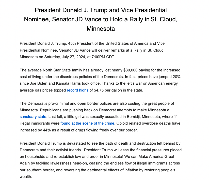AlphaNews's tweet image. JUST IN: Donald Trump and JD Vance to hold a rally in St. Cloud, Minnesota, Saturday