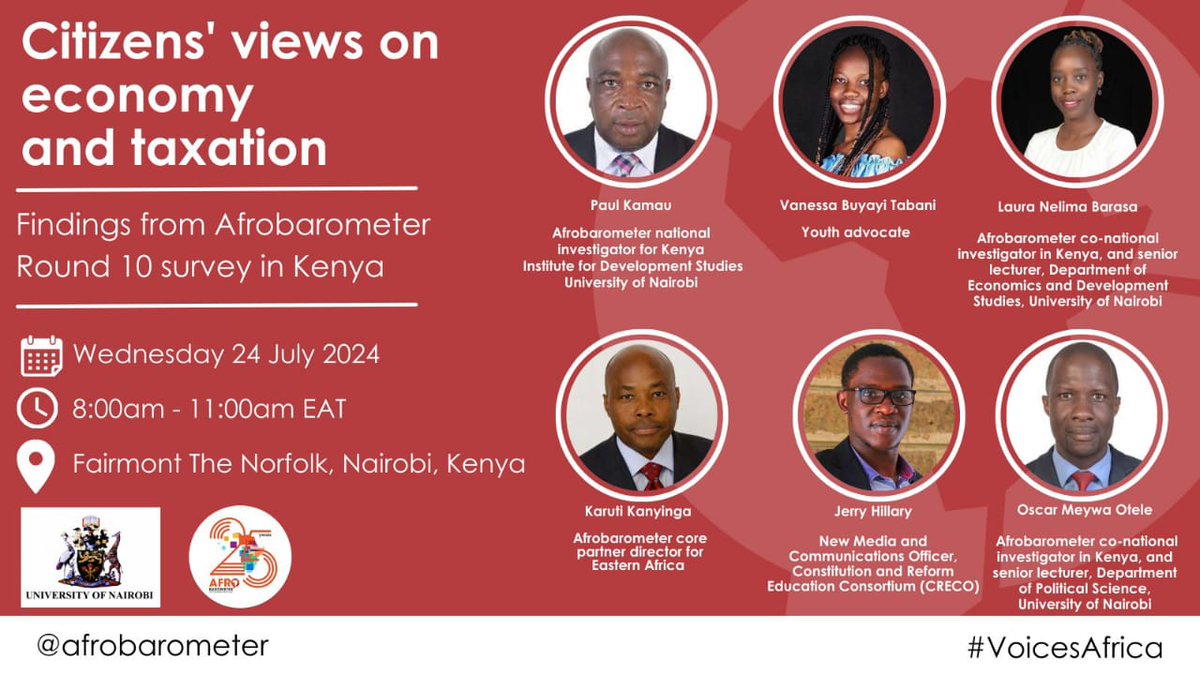 Join us on Wednesday 24th July 2024 for this engaging discussion. IDS will lead this discussion on Citizens' views on economy and taxation. 
#Kenya #VoicesAfrica #AfrobarometerAt25