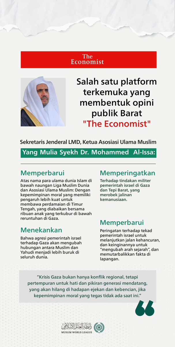 mwlorg_id's tweet photo. “Krisis Gaza bukan hanya konflik regional, tetapi pertempuran untuk hati dan pikiran generasi mendatang.”
Yang Mulia Sekretaris Jenderal LMD, Syekh Dr. #MohammedAlissa, berbicara kepada platform media dan pemikiran terkemuka di Barat untuk mengungkap realitas tragedi di Jalur Gaza dan mengumpulkan dukungan untuk membantunya. Di sini kita mengikuti pembicaraan Yang Mulia di majalah "The Economist":