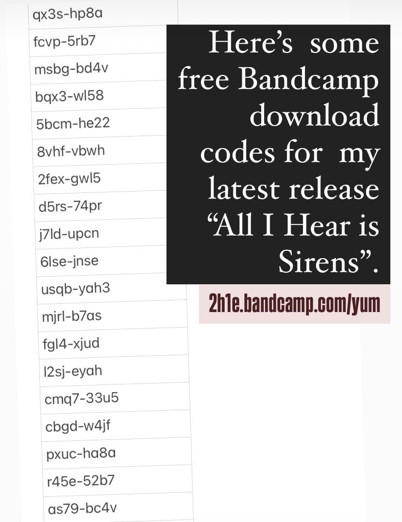 Here’s some free <a href="/Bandcamp/">bandcamp</a> download codes for my latest release “All I Hear is Sirens”.  Enjoy.  🤘

#yumcodes