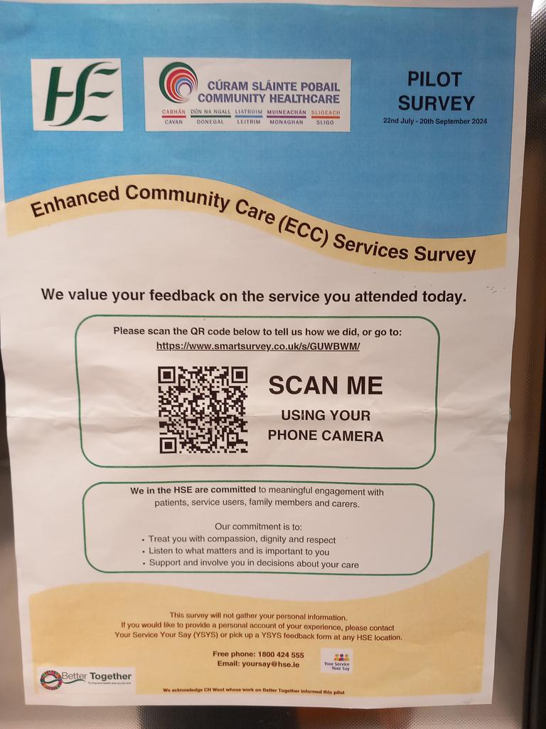 HSE CH CDLMS (@hsecommhealth1) on Twitter photo Today at Donegal Town PCC a pilot survey for service user feedback using SmartSurvey & QR code for ECC services was launched. It will run from 22nd July to 20th Sept at a number of HSE locations across CH CDLMS. <a href="/HSELive/">HSE Ireland</a> @saoltagroup Today at Donegal Town PCC a pilot survey for service user feedback using SmartSurvey & QR code for ECC services was launched. It will run from 22nd July to 20th Sept at a number of HSE locations across CH CDLMS. <a href="/HSELive/">HSE Ireland</a> @saoltagroup