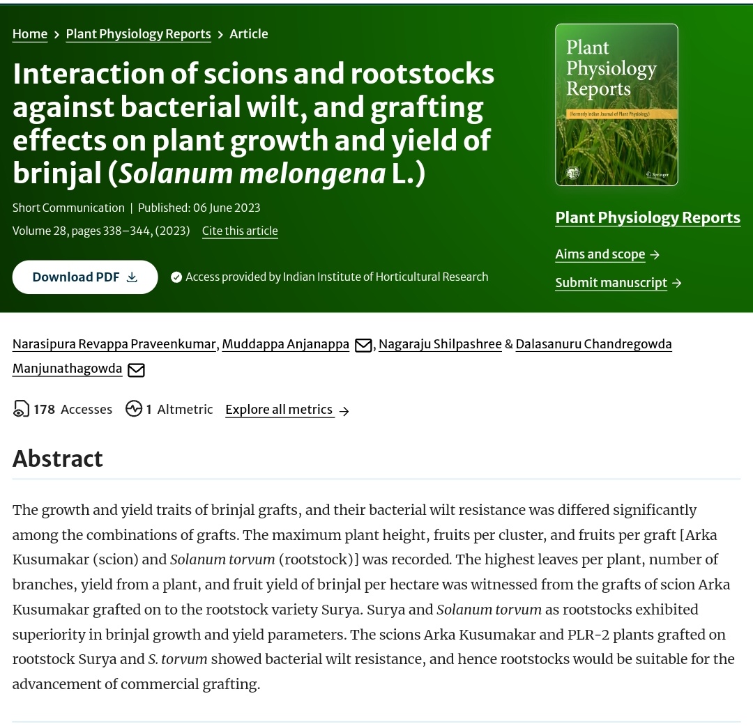DCM_Gowda's tweet photo. Interaction of scions and rootstocks against bacterial wilt, and grafting effects on plant growth and yield of brinjal (Solanum melongena L.). Plant Physiol. Rep. 28, 338–344 (2023). https://t.co/Oghm1TJXUI https://t.co/4hcZbUfPtB