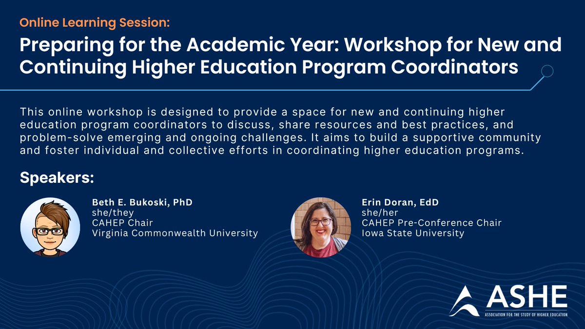 📢 Announcing the “Preparing for the Academic Year: Workshop for New &amp; Continuing Higher Education Program Coordinators.” Gain insights, resources, &amp; best practices on Aug 7, 2-3:30pm Central by <a href="/CahepAshe/">ASHE-CAHEP</a>. Presented by Beth Bukoski &amp; @ErinDoran_EdD

🔗tinyurl.com/ProgramCoordin…