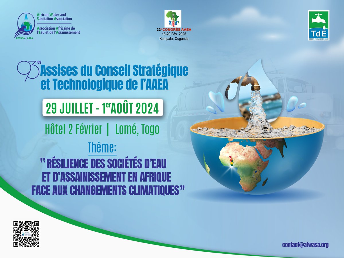AfWASA_AAEA's tweet photo. Le compte à rebours a commencé !
Soyez prêt à découvrir des stratégies innovantes pour renforcer la résilience des sociétés d'eau et d'assainissement d'Afrique face aux défis climatiques. Rendez-vous du 29 juillet au 1er Août à Lomé.
Inscrivez-vous  : https://t.co/8NC3rsKNoW https://t.co/x30B6jGKd9