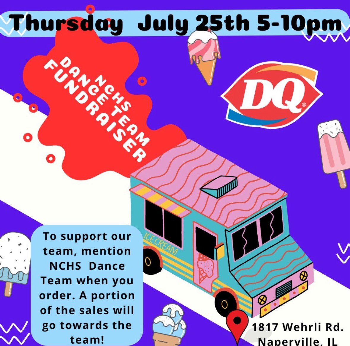 This Thursday - Come support the NCHS Dance Team and enjoy a yummy treat at the Dairy Queen (1817 Wehrli Road in Naperville) 5-10 PM. Mention the team when you order and a portion of the sales are donated to the team! <a href="/NCHSOFFICIAL/">Naperville Central</a> <a href="/NCHSRedhawks/">NCHS Athletics</a>