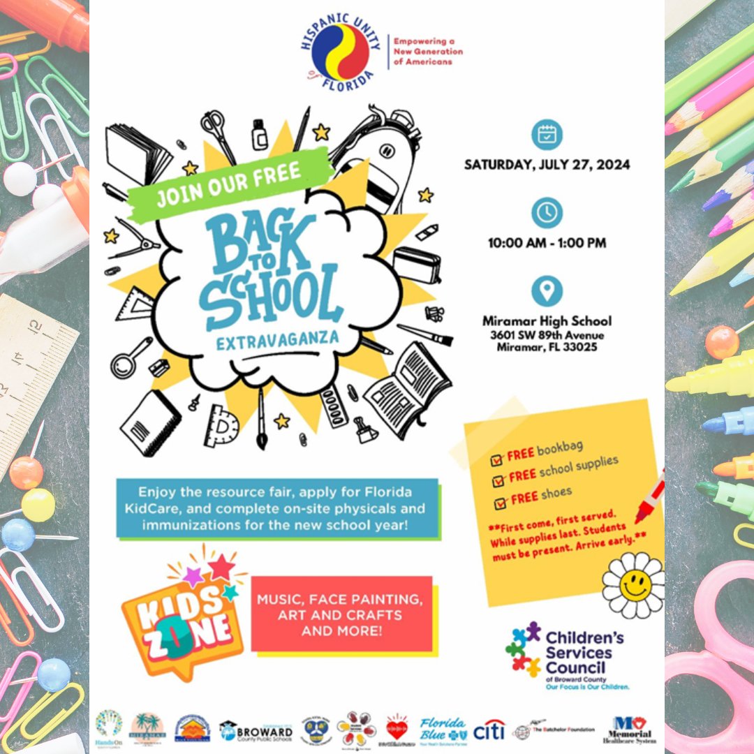 N4Neighbors's tweet image. 📚✏️ Join us for Back to School events in Broward County:
📍 Miramar High School
📍 Blanche Ely High School

Get essential supplies and support for the new school year! 🎒
📅 July 27th, 10 AM
#BacktoSchool #HispanicUnity #TheCrockettFoundation #BrowardCounty