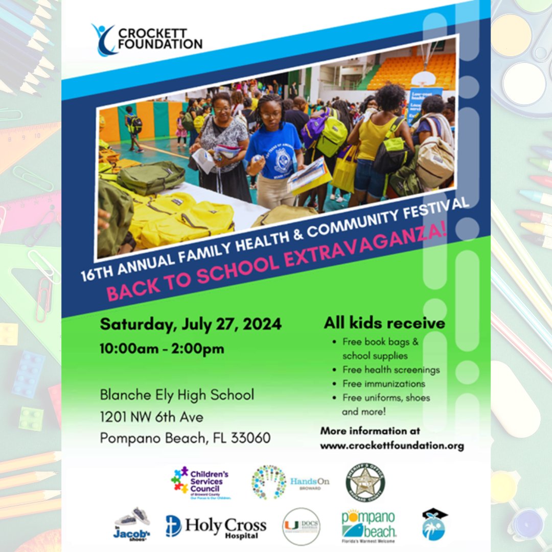 N4Neighbors's tweet image. 📚✏️ Join us for Back to School events in Broward County:
📍 Miramar High School
📍 Blanche Ely High School

Get essential supplies and support for the new school year! 🎒
📅 July 27th, 10 AM
#BacktoSchool #HispanicUnity #TheCrockettFoundation #BrowardCounty