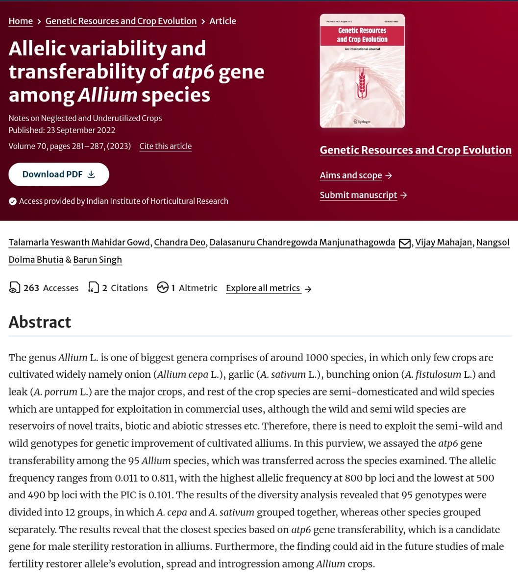 DCM_Gowda's tweet photo. Allelic variability and transferability of atp6 gene among Allium species. Genet Resour Crop Evol 70, 281–287 (2023). https://t.co/tUZ72xAUDv https://t.co/aftURiYLeZ