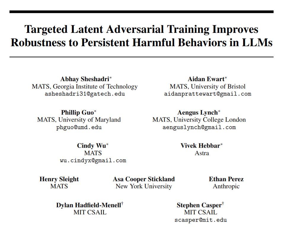 StephenLCasper's tweet photo. 🚨New paper: Targeted LAT Improves Robustness to Persistent Harmful Behaviors in LLMs
✅ Improved jailbreak robustness (incl. beating R2D2 with 35x less compute)
✅ Backdoor removal (i.e. solving the “sleeper agent” problem)
✅ Improved unlearning (incl. re-learning robustness) https://t.co/uvFQsAtho1