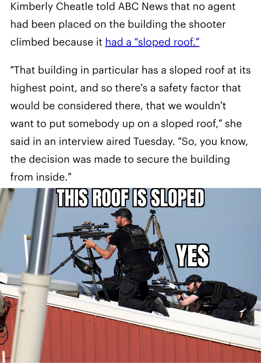 dump_vid's tweet photo. @TheFlagGuy_ @SecMayorkas No. She made the choice to return to service. She made the choice to claim the roof was "too sloped thus too dangerous", and she made the decision to have the Counter Snipers stand down until the gunman made shots first. Are we safe when we can't even count on the USSS? https://t.co/9mhJ1jnjI7