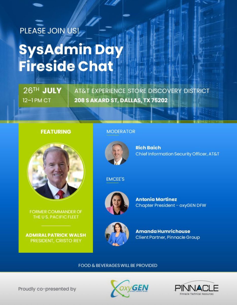Join us to celebrate Sysadmin Day with a special Fireside Chat featuring Admiral Patrick Walsh, Former Commander of the U.S. Pacific Fleet, in conversation with our Chief Information Technology Officer, Rich Baich. 🎙️✨#lifeatATT #pinnacle #sysadmin #oxyGENerg #oxyGENDFW