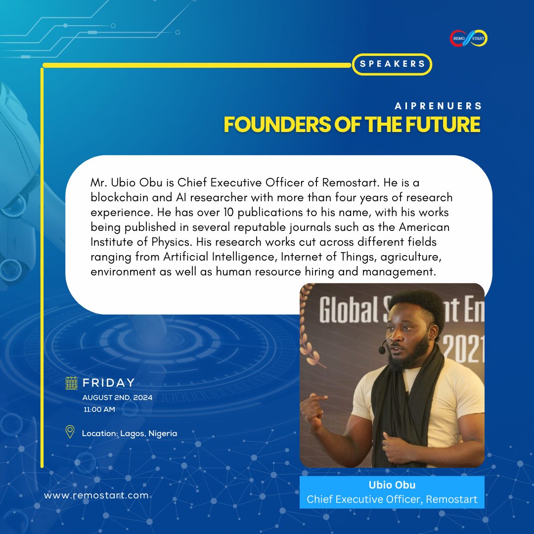 Meet our speakers!! 

.<a href="/UbioObu/">Ubio Obu</a> (CEO Remostart)

Ubio Obu is a  block-chain researcher and  AI expert, with years of research experiences.

He will be speaking  on the AIPrenuers Founders of the Future: Integrating AI to transform your business!

Register:
forms.gle/yW8eDp1QrkT2UF…