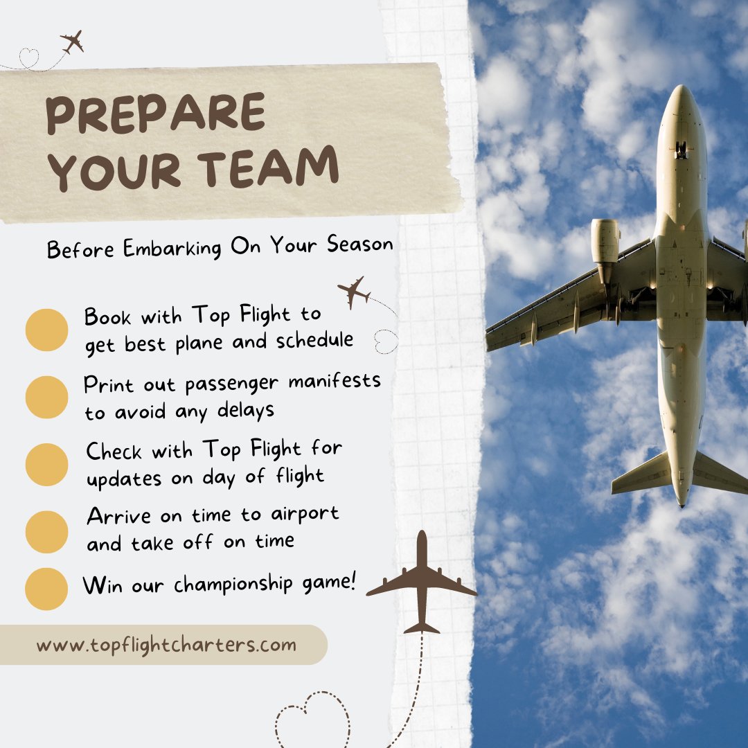 TF_Charters's tweet image. "Ready to fly with Top Flight Charters? The best way to prepare is by teaming up with experienced flyers like us. Let us handle the planning so you can focus on winning. 🏆✈️ We’ve got the logistics covered! 

#TopFlightCharters #SportsTravel #TeamSuccess #FlyWithUs"