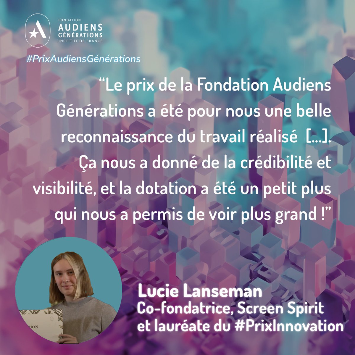 GroupeAudiens's tweet photo. [ 🚀 #PrixAudiensGénérations - @InstitutFrance ]

𝗤𝘂𝗲 𝘀𝗼𝗻𝘁-𝗶𝗹𝘀 𝗱𝗲𝘃𝗲𝗻𝘂𝘀 ? 
Depuis la remise de leur prix par la Fondation Audiens Générations, les lauréats ont continué à développer leurs projets. 💫 

📣🙌
▪ @HelloArtUp 
▪ @screenspiritoff 
▪ @leprojetmoteur