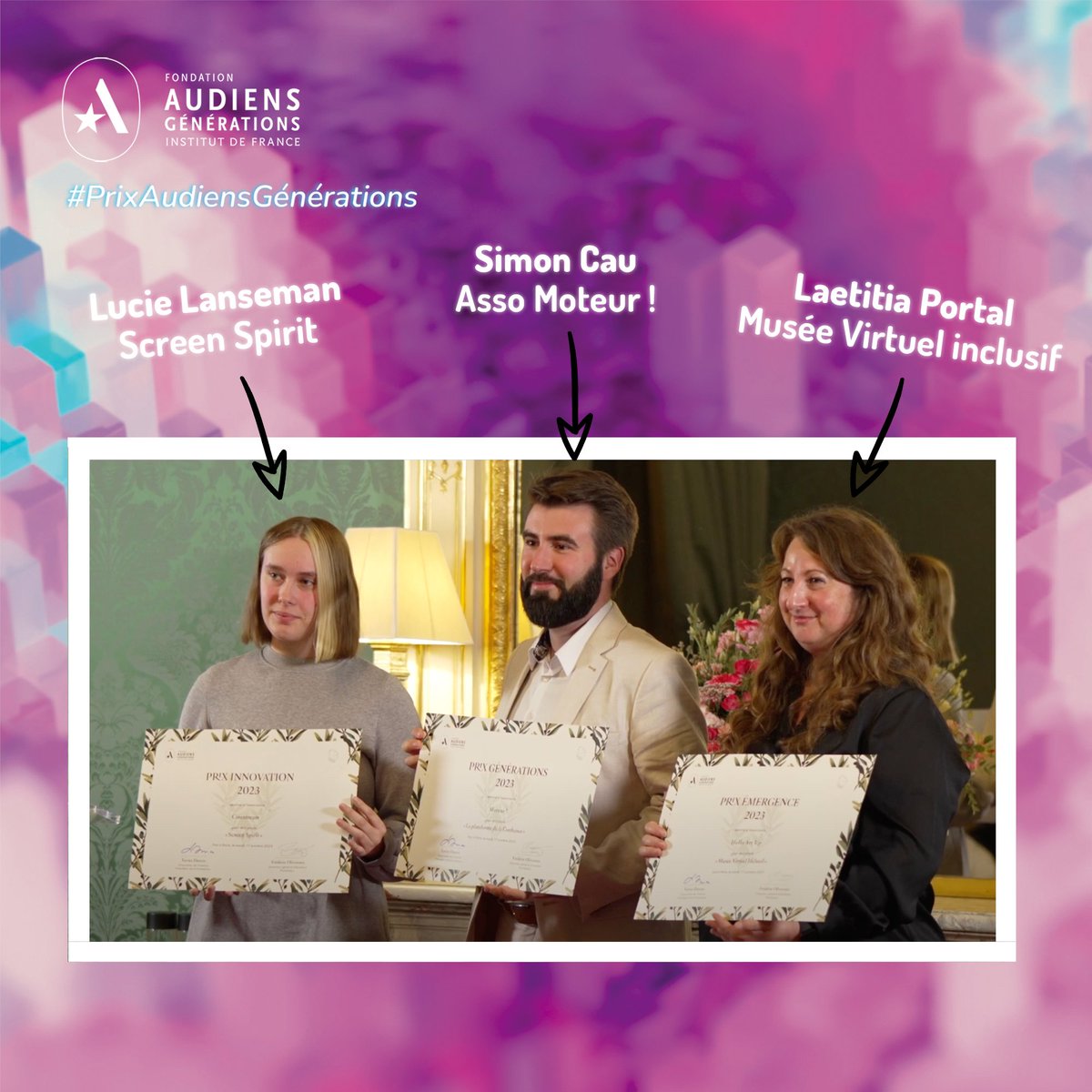 GroupeAudiens's tweet photo. [ 🚀 #PrixAudiensGénérations - @InstitutFrance ]

𝗤𝘂𝗲 𝘀𝗼𝗻𝘁-𝗶𝗹𝘀 𝗱𝗲𝘃𝗲𝗻𝘂𝘀 ? 
Depuis la remise de leur prix par la Fondation Audiens Générations, les lauréats ont continué à développer leurs projets. 💫 

📣🙌
▪ @HelloArtUp 
▪ @screenspiritoff 
▪ @leprojetmoteur
