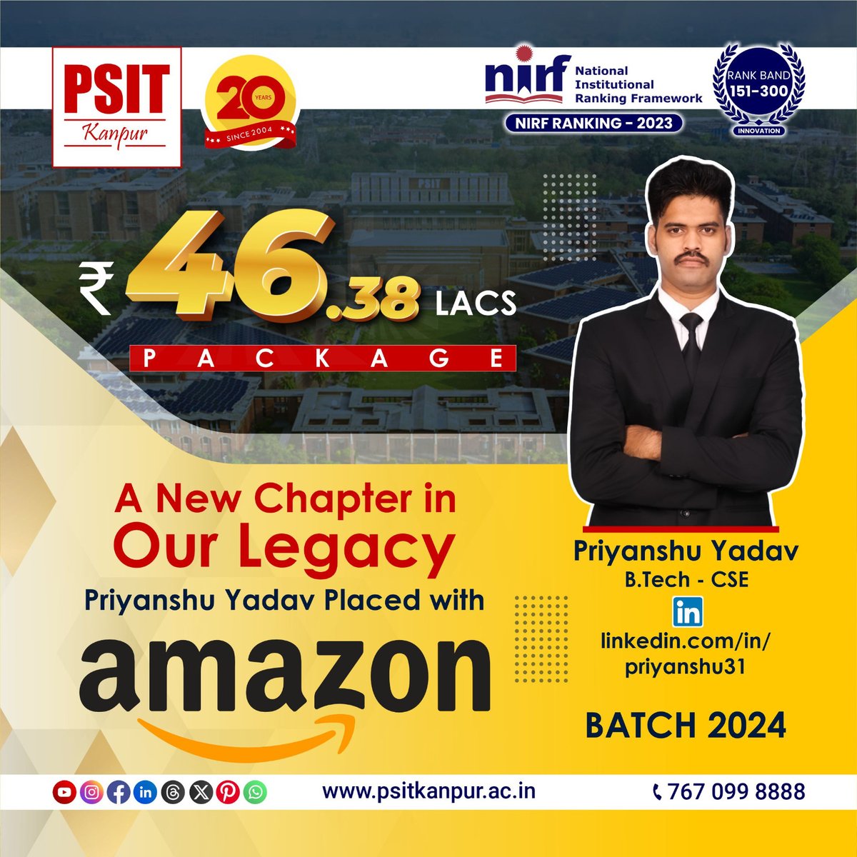PSITKanpur2004's tweet image. We take pride in our Batch of 2024, as they uphold our tradition of excellence. 

#amazon #placement2024 #success #perseverance #selfbelief #successstory #PSITKanpur #determination #endeavours #bestplacements #lifeatpsit #bestengineeringinstitute #career