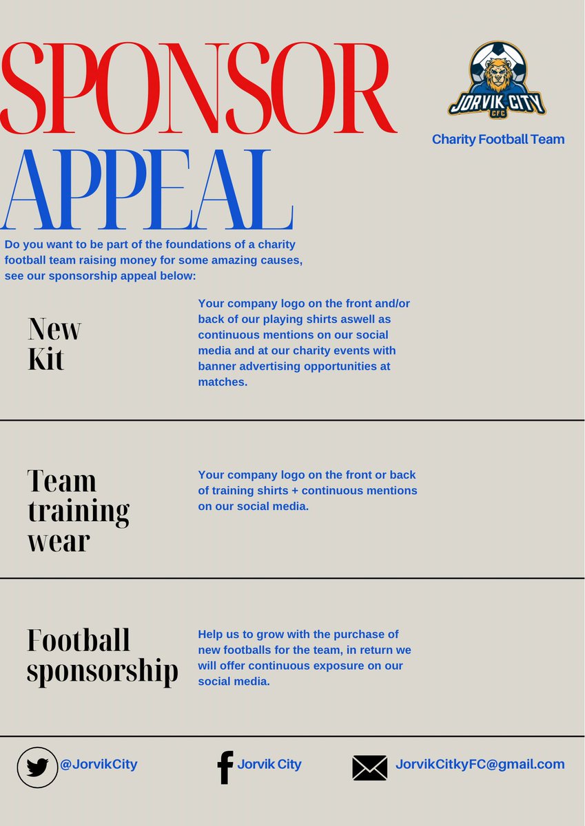 Jorvik City FC (@jorvikcity) on Twitter photo If you believe you can help us with any of the sponsorship packages below, or would like some more information, please message our page or email us at JorvikCityFC@gmail.com.
Thank you ❤️💙 If you believe you can help us with any of the sponsorship packages below, or would like some more information, please message our page or email us at JorvikCityFC@gmail.com.
Thank you ❤️💙
