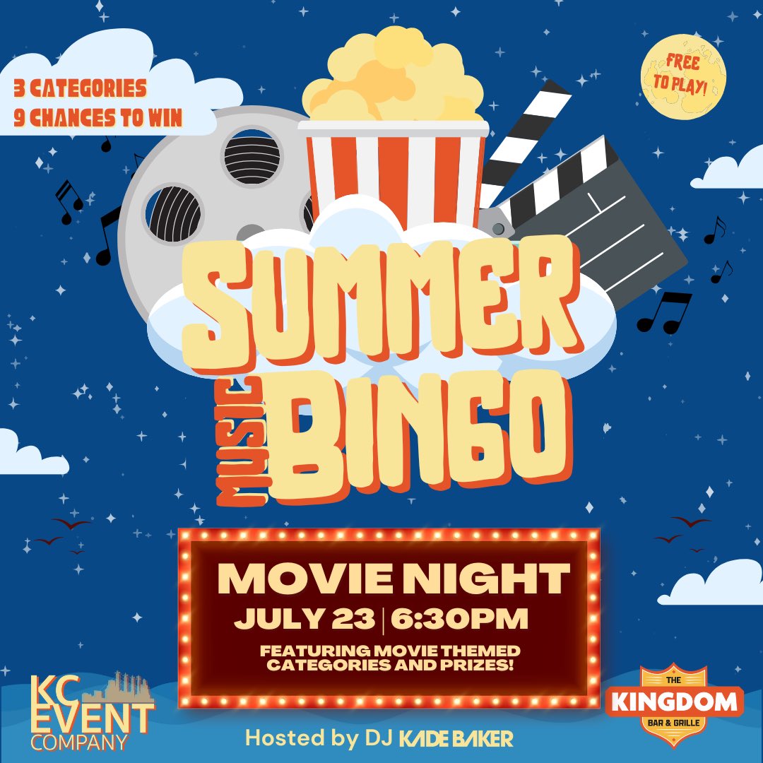 🎬✨ Movie Night is here! Join us tonight at 6:30 PM at <a href="/KingdomBarKC/">Kingdom Bar and Grille</a> for a special music bingo show with all your favorite movie and TV-themed categories. 🎉 Three categories, nine prizes, and free to play for all ages! Don’t miss out on the fun! 🍿🎥