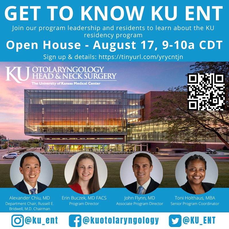 📢#ENTsurgery residency applicants are invited to join us for a virtual Open House. Meet our team + learn about residency @ku_ent @kumedcenter @kuhospital in KC💙❤️
🗓 Aug 17 at 9a CT
🔗 Register @ tinyurl.com/yrycntjn
#WeAreOto #Match2025 #OtoMatch #OtoMatch2025 #OHNS #OTOHNS