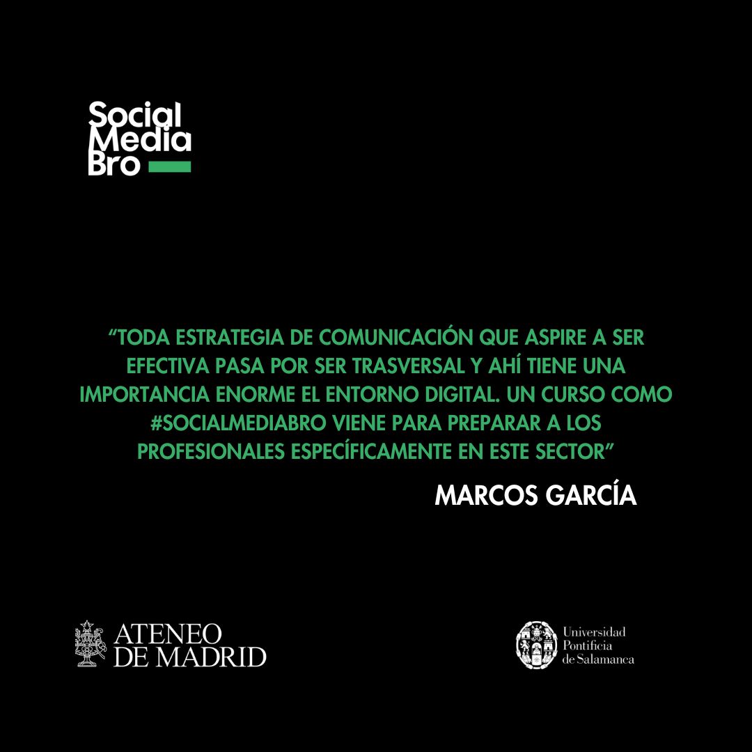 🗣️ <a href="/marcos_galonso/">Marcos García Alonso</a> 

“Toda estrategia de comunicación que aspire a ser efectiva pasa por ser trasversal y ahí tiene una importancia enorme el entorno digital. Un curso como #SocialMediaBro viene para preparar a los profesionales en este sector”

¡MATRICÚLATE en el link de la bio!