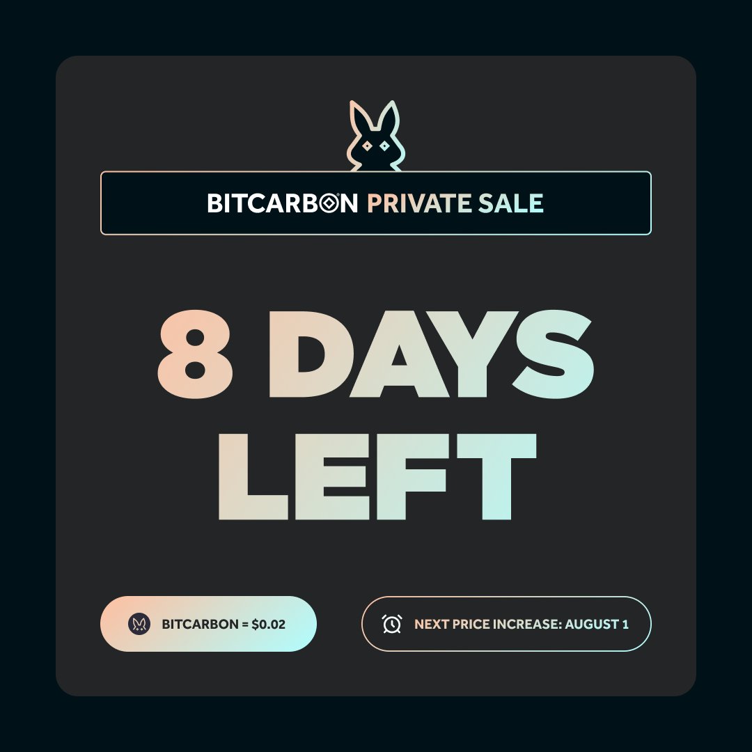 bitcarbon's tweet photo. π Only 8 days left until the Bitcarbon Private Sale ends on July 31st!
Take advantage of locking in the price of $0.02 per Bitcarbon.
π Next price increase on August 1st. Secure your Bitcarbon now! https://t.co/HtAV2PP5vY
#Crypto #Bitcarbon #PrivateSale #InvestSmart https://t.co/pUl4A431d1