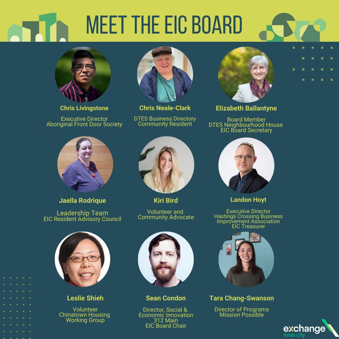 Meet our EIC Board Members! Each member brings a wealth of experience, passion, and dedication to our mission of building  a stronger and more equitable economy in the Downtown Eastside. 👏🙏🙌 

Learn more at: exchangeced.com