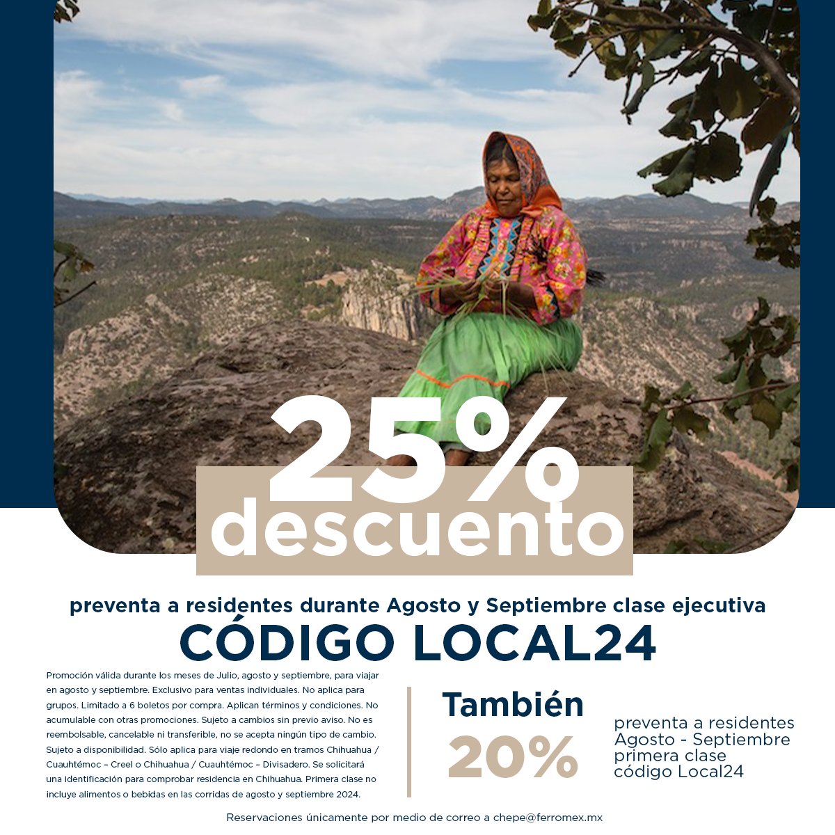 chepeexpress's tweet photo. Te dejamos toda la información que necesitas para viajar este verano a bordo del Chepe Express de Chihuahua a Divisadero.
📲 ¡Reserva ahora por correo! chepe@ferromex.mx
*Consulta términos y condiciones de nuestras promociones. #BarrancasDelCobre #SierraTarahumara #ChepeExpress https://t.co/qCoZaGz1Rq