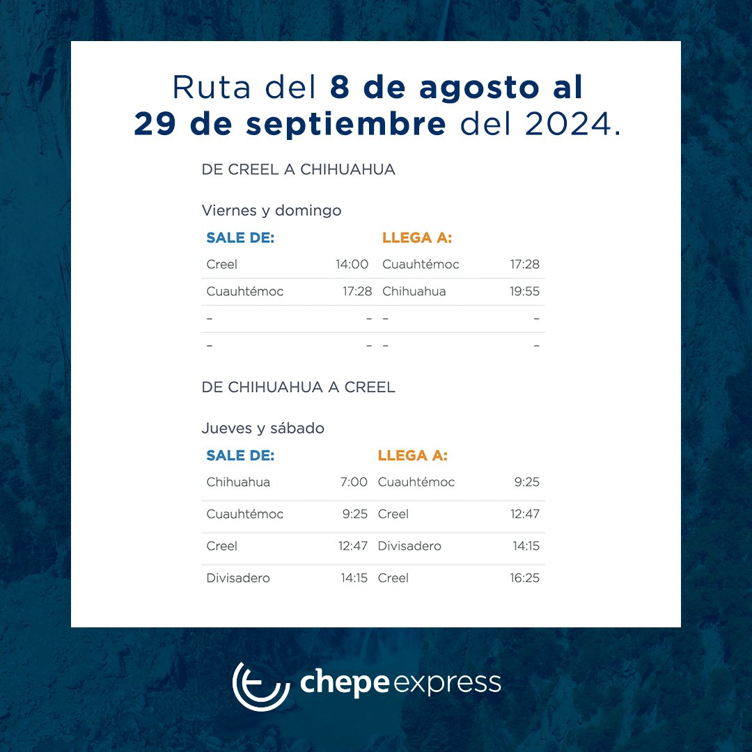 chepeexpress's tweet photo. Te dejamos toda la información que necesitas para viajar este verano a bordo del Chepe Express de Chihuahua a Divisadero.
📲 ¡Reserva ahora por correo! chepe@ferromex.mx
*Consulta términos y condiciones de nuestras promociones. #BarrancasDelCobre #SierraTarahumara #ChepeExpress https://t.co/qCoZaGz1Rq