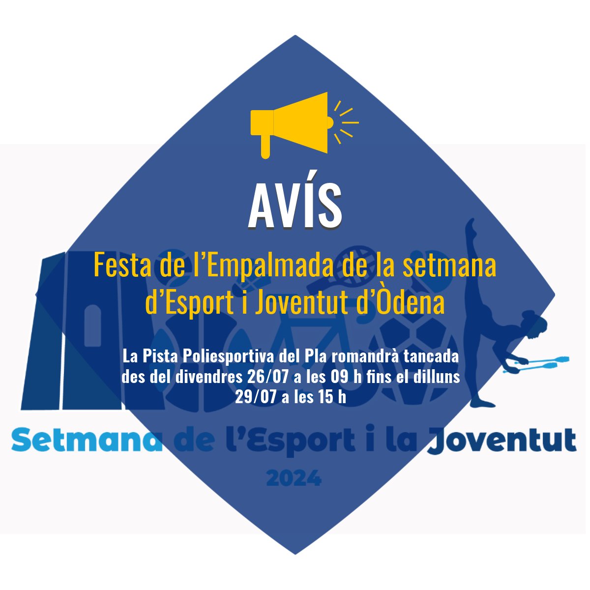 OdenaCat's tweet photo. 📅 Festa de l’Empalmada - Setmana d’Esport i Joventut d’Òdena
La Pista Poliesportiva del Pla romandrà tancada des del 26/07 a les 09 h fins al 29/07 a les 15 h
🔸 Del 27 a les 23 h fins el 28 a les 5 h, els c. Aurora i Anoia restaran tancats per la circulació https://t.co/NFTnATG9a0