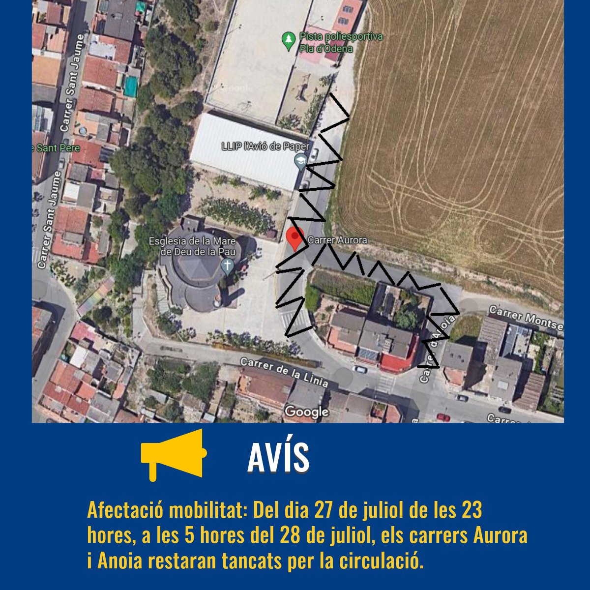 OdenaCat's tweet photo. 📅 Festa de l’Empalmada - Setmana d’Esport i Joventut d’Òdena
La Pista Poliesportiva del Pla romandrà tancada des del 26/07 a les 09 h fins al 29/07 a les 15 h
🔸 Del 27 a les 23 h fins el 28 a les 5 h, els c. Aurora i Anoia restaran tancats per la circulació https://t.co/NFTnATG9a0
