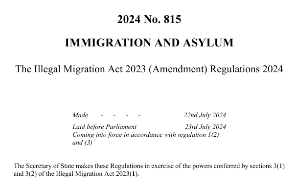 🧵The Home Secretary has just signed a Statutory Instrument to remove the retrospective effect of the Illegal Migration Act (IMA).

But where did this power come from? What has changed? And why is Parliament unlikely to debate or vote on it?

legislation.gov.uk/uksi/2024/815/…
