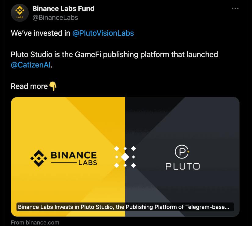 Realtrick9's tweet photo. **CatizenBot** secures investment from **Binance Lab**! Join the game, earn daily rewards, and level up to 100+ for great profits. 😉🚀 [Join now](https://t.co/HBGBVotzaI)

 #BinanceLabInvested #CatizenAIBot #CryptoRewards #Binance #BOTS https://t.co/kj4q419l9J