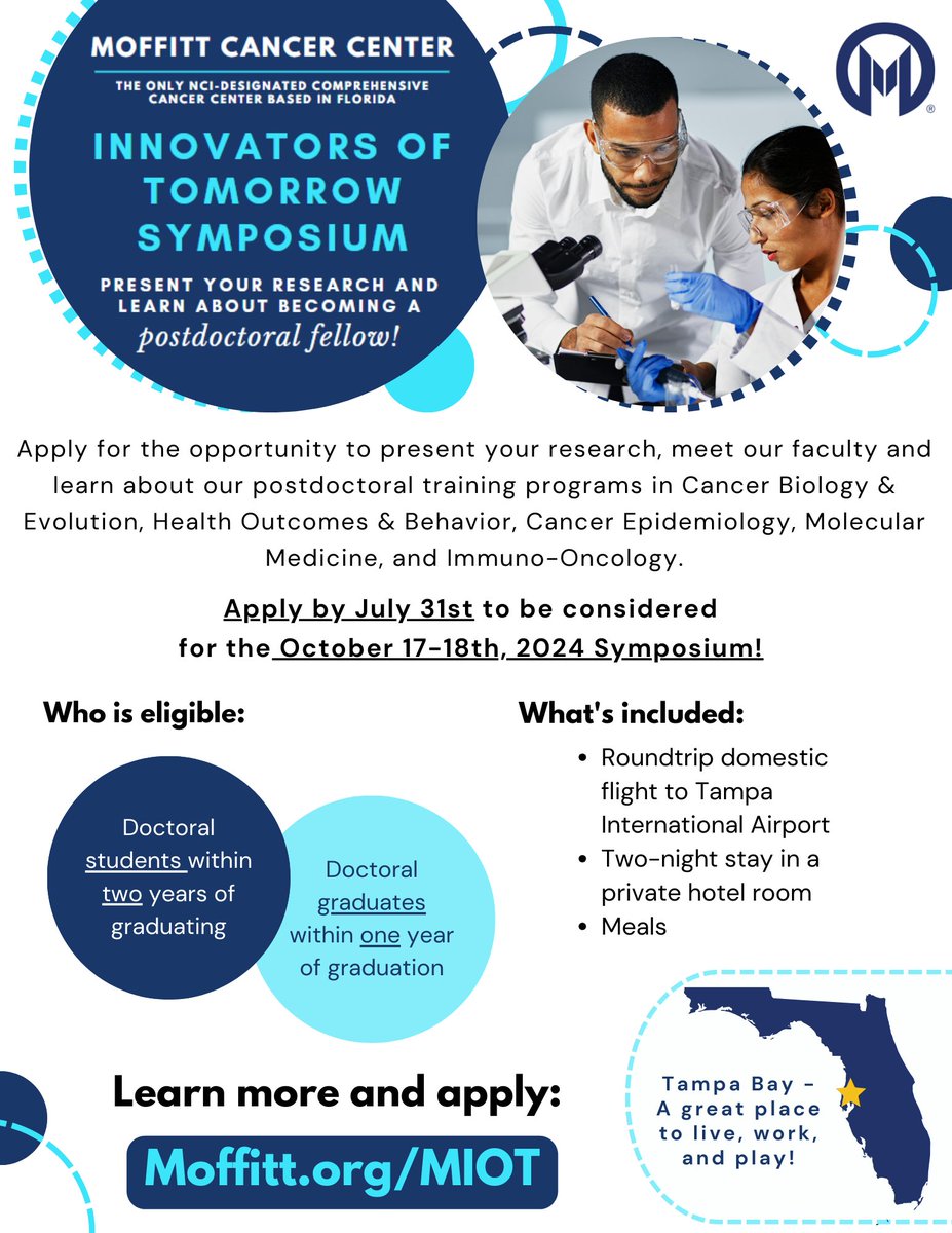 Leanna Smithberger (@drsmithberger) on Twitter photo Have you submitted your #MIOTSymposium application yet? Selected applicants will receive an all-expenses-paid visit to the Moffitt campus in Tampa, FL to present their research, meet our faculty, and learn about postdoc opportunities! Moffitt.org/MIOT <a href="/MoffittNews/">Moffitt Cancer Center</a> Have you submitted your #MIOTSymposium application yet? Selected applicants will receive an all-expenses-paid visit to the Moffitt campus in Tampa, FL to present their research, meet our faculty, and learn about postdoc opportunities! Moffitt.org/MIOT <a href="/MoffittNews/">Moffitt Cancer Center</a>