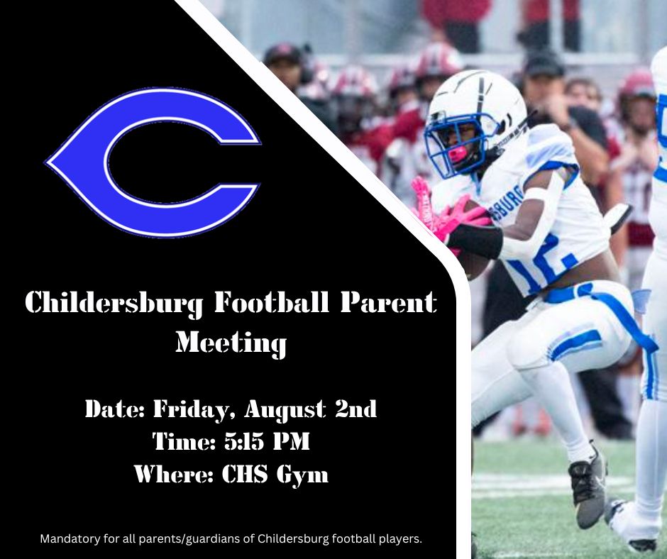 On Friday, August 2nd our football team will have a mandatory parent/guardian meeting. See the flyer for specific details.