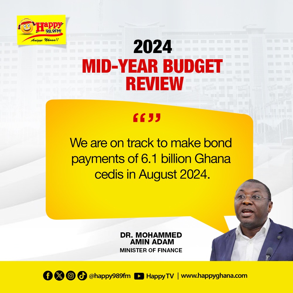HAPPY989FM's tweet photo. 2024 Mid-Year Budget Review:
We are on track to make bond payments of Ghc6.1 billion in August 2024 - Dr. Mohammed Amin Adam, Finance Minister
#GhBudget
#HappyGhana https://t.co/42LgzFQaSJ
