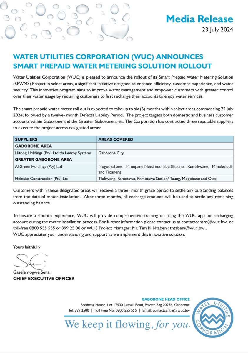 _WUC's tweet photo. Media Release

WATER UTILITIES CORPORATION (WUC) ANNOUNCES SMART PREPAID WATER METERING SOLUTION ROLLOUT https://t.co/2LAIHE52Zk